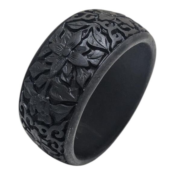 Vintage Carved Black‎ Cinnabar Wide Bangle Bracelet Black - Picture 1 of 4